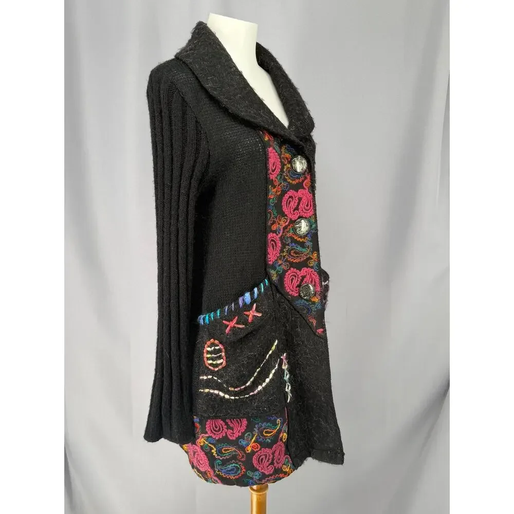 Sioni Cardigan Sweater Womens Large Black Paisley Embroidered Boho Wool Knit - Picture 5 of 13